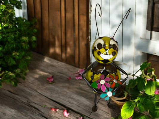 Metal Bee Sculpture with Flower Bouquet