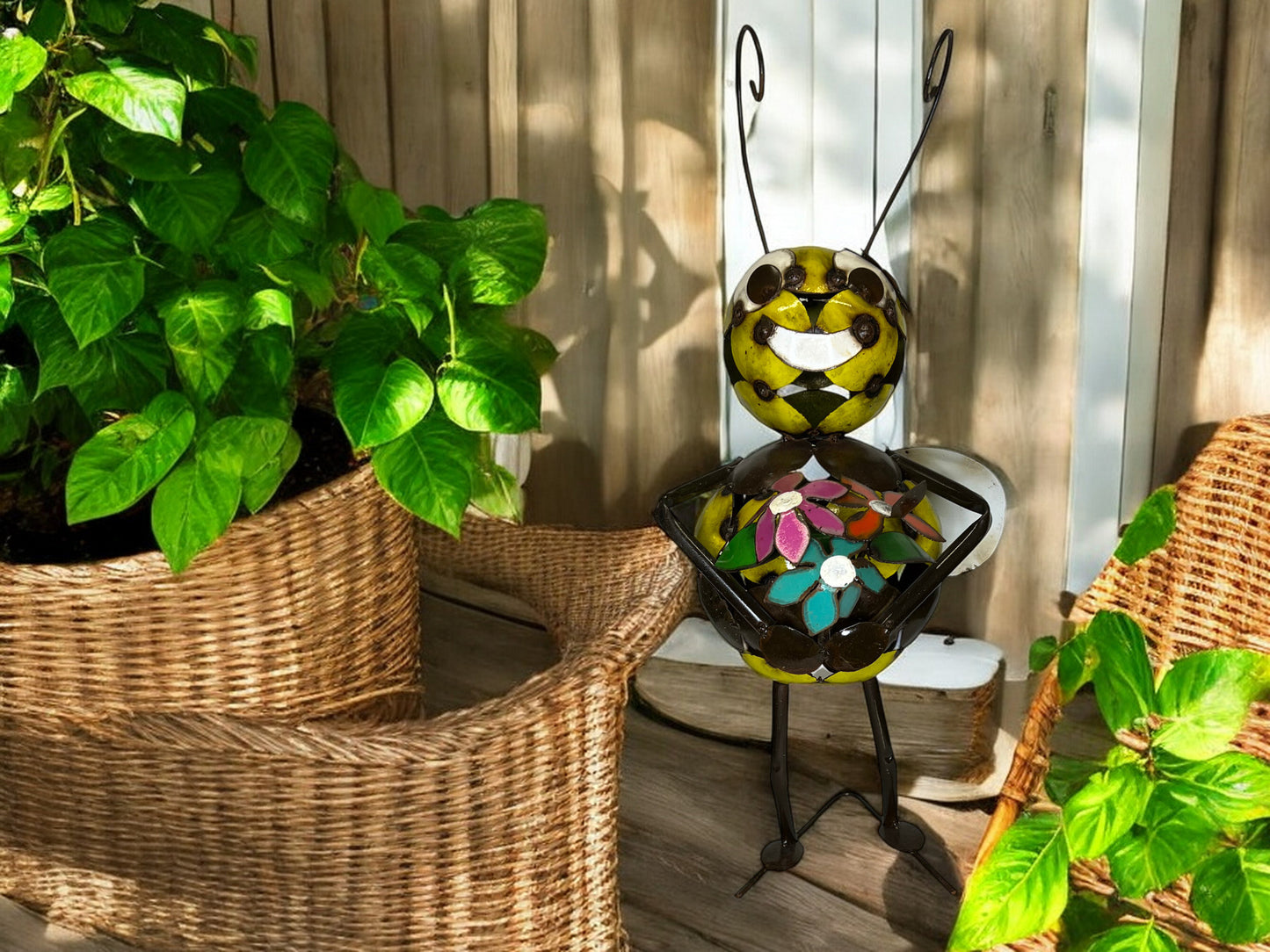 Metal Bee Sculpture with Flower Bouquet