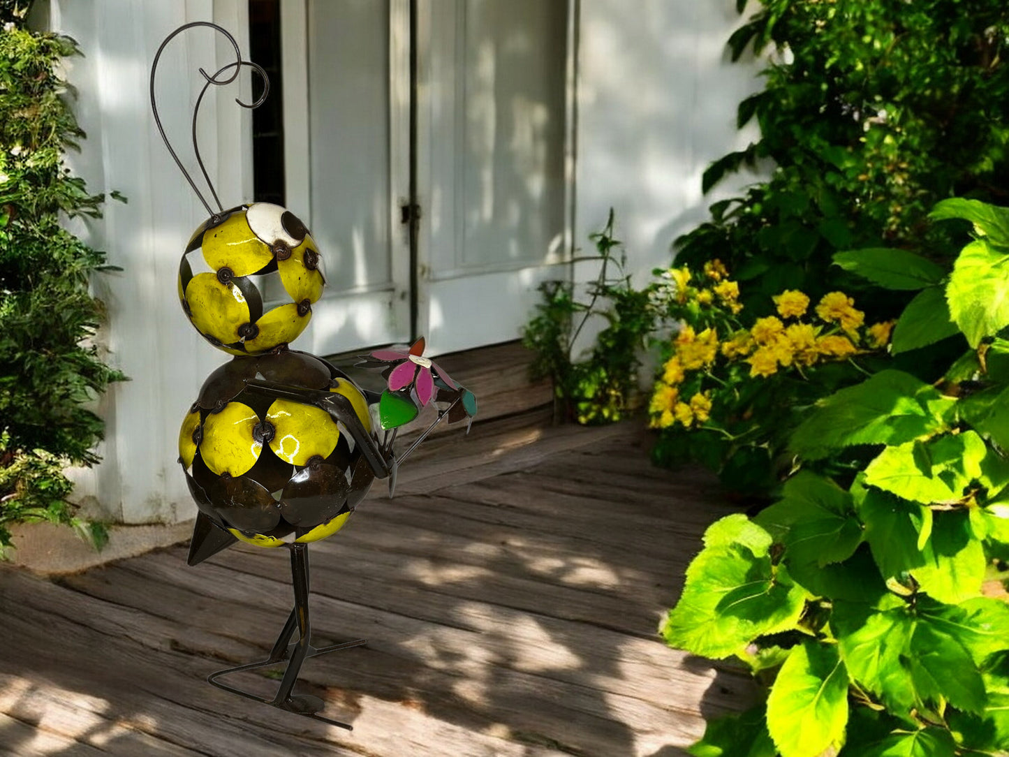 Metal Bee Sculpture with Flower Bouquet