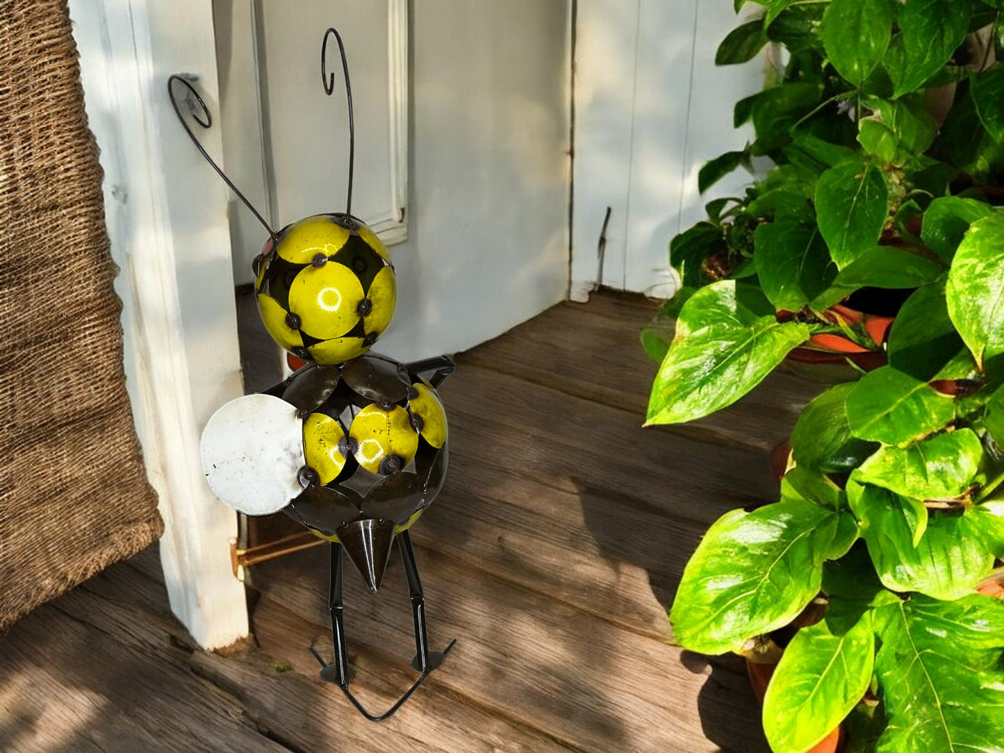 Metal Bee Sculpture with Flower Bouquet