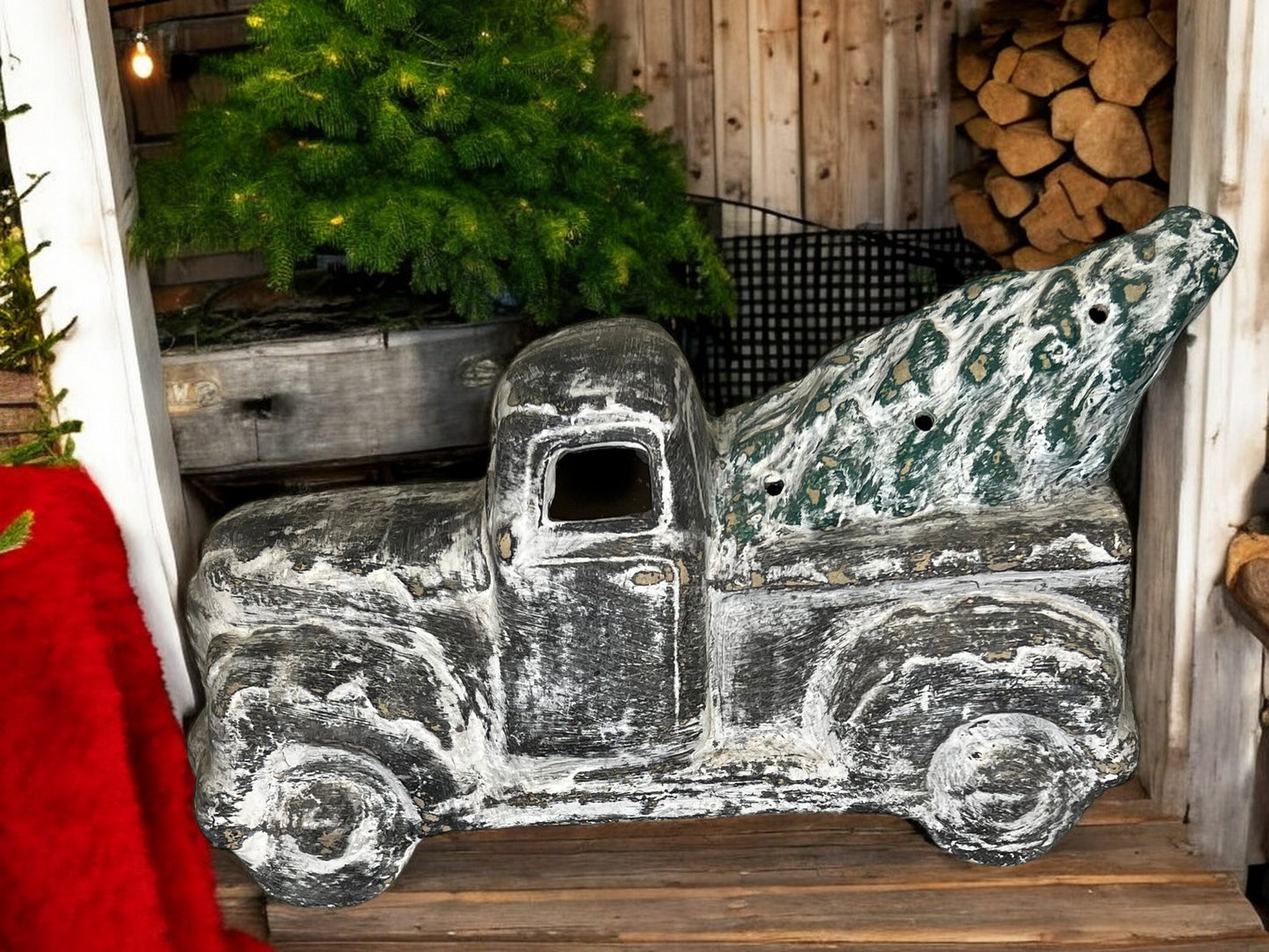 Pottery Candle Holder Truck with Christmas tree Lantern