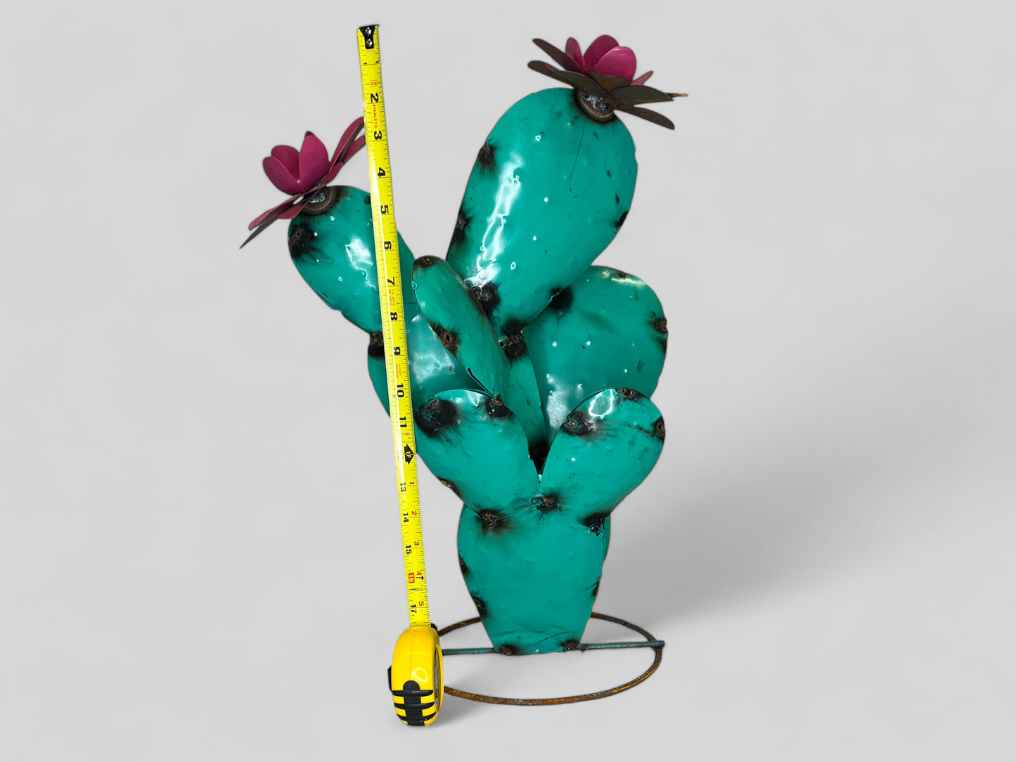 Turquoise Prickly Pear Cactus with Pink Flowers Garden Sculpture