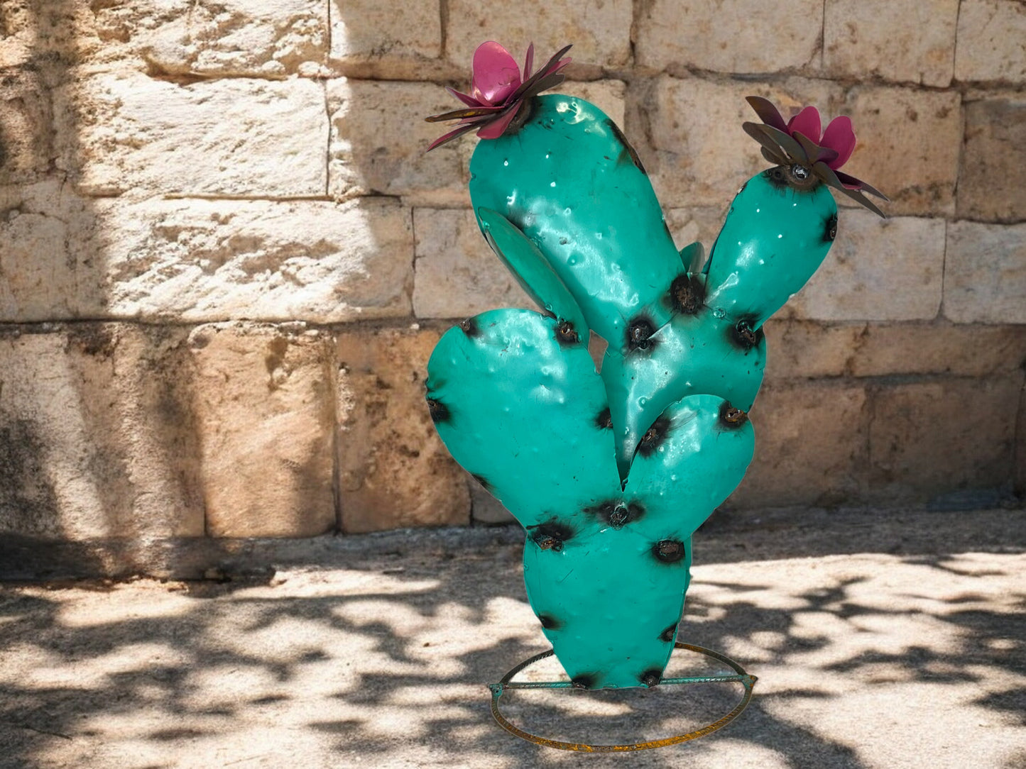 Turquoise Prickly Pear Cactus with Pink Flowers Garden Sculpture