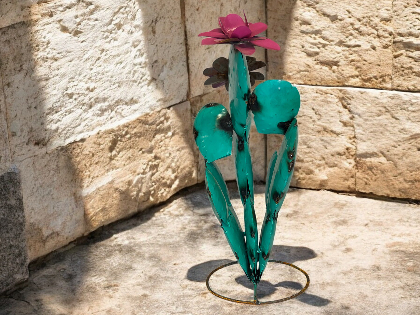Turquoise Prickly Pear Cactus with Pink Flowers Garden Sculpture