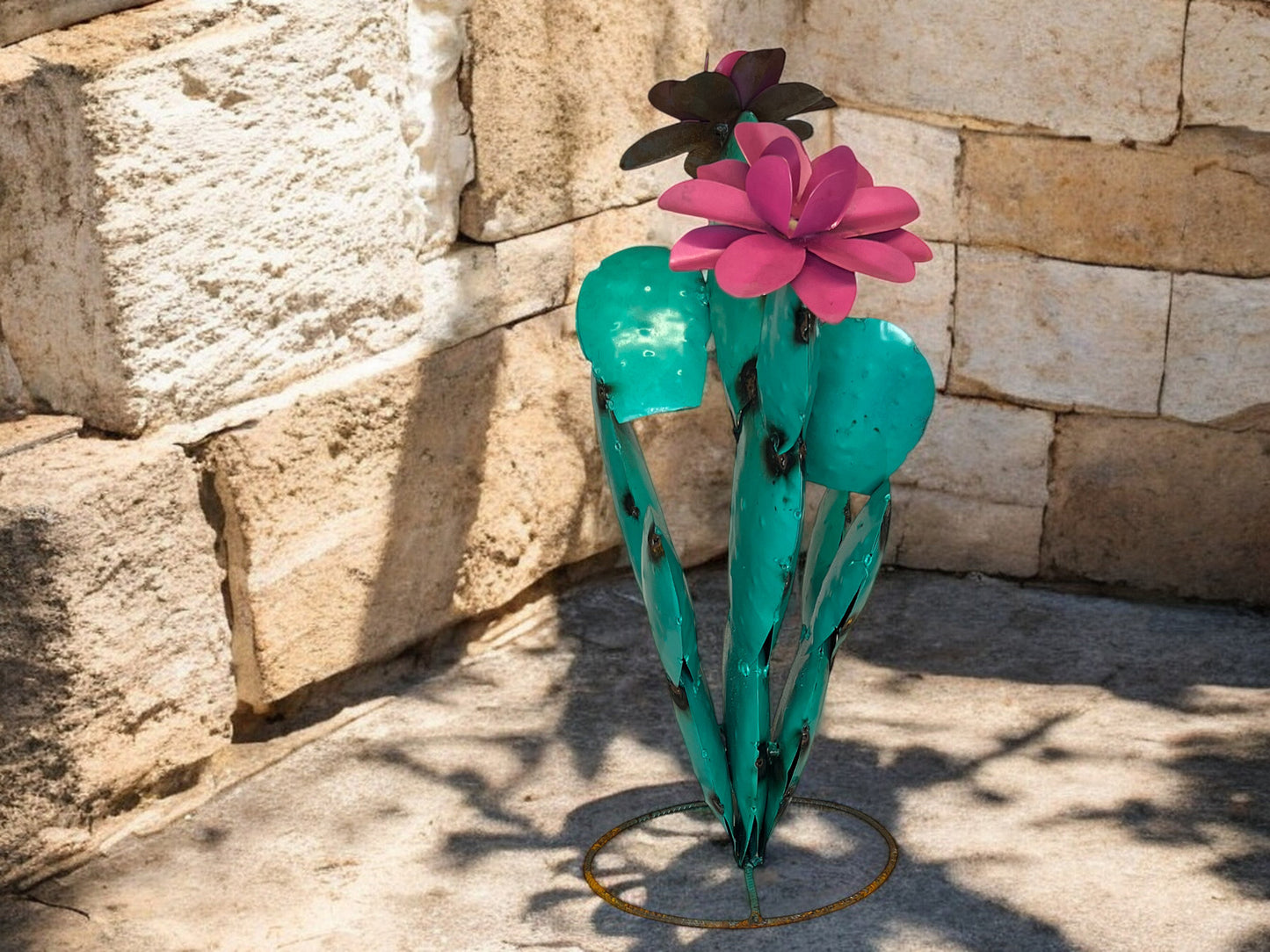 Turquoise Prickly Pear Cactus with Pink Flowers Garden Sculpture