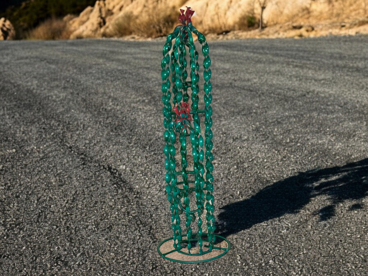 Twisted Metal Cactus with Pink Flowers Garden Sculpture