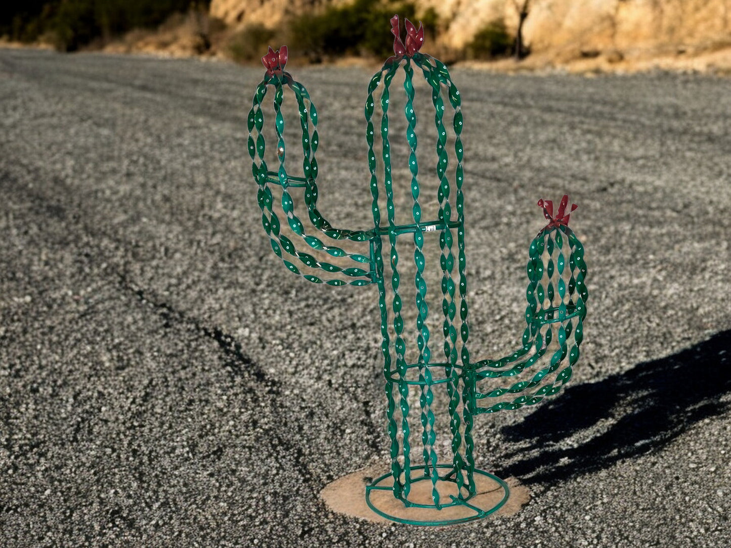 Twisted Metal Cactus with Pink Flowers Garden Sculpture
