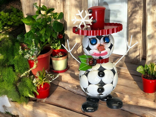 Holly Jolly Snowman Metal Garden Sculpture