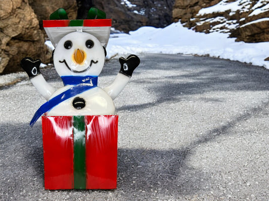 Snowman Christmas Present Metal Garden Sculpture