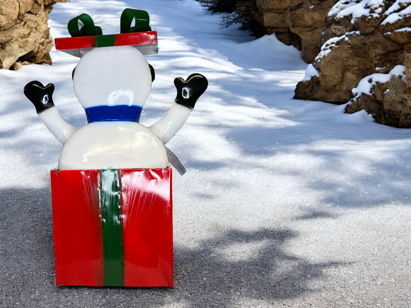 Snowman Christmas Present Metal Garden Sculpture