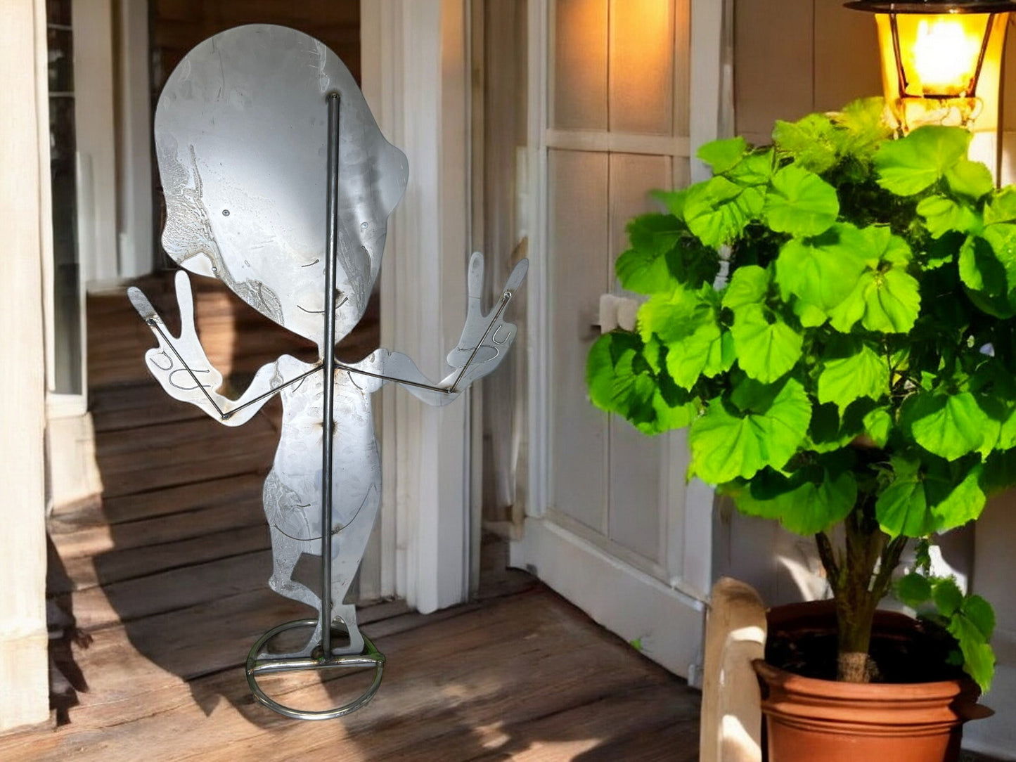 Green Alien making peace sign Garden Sculpture