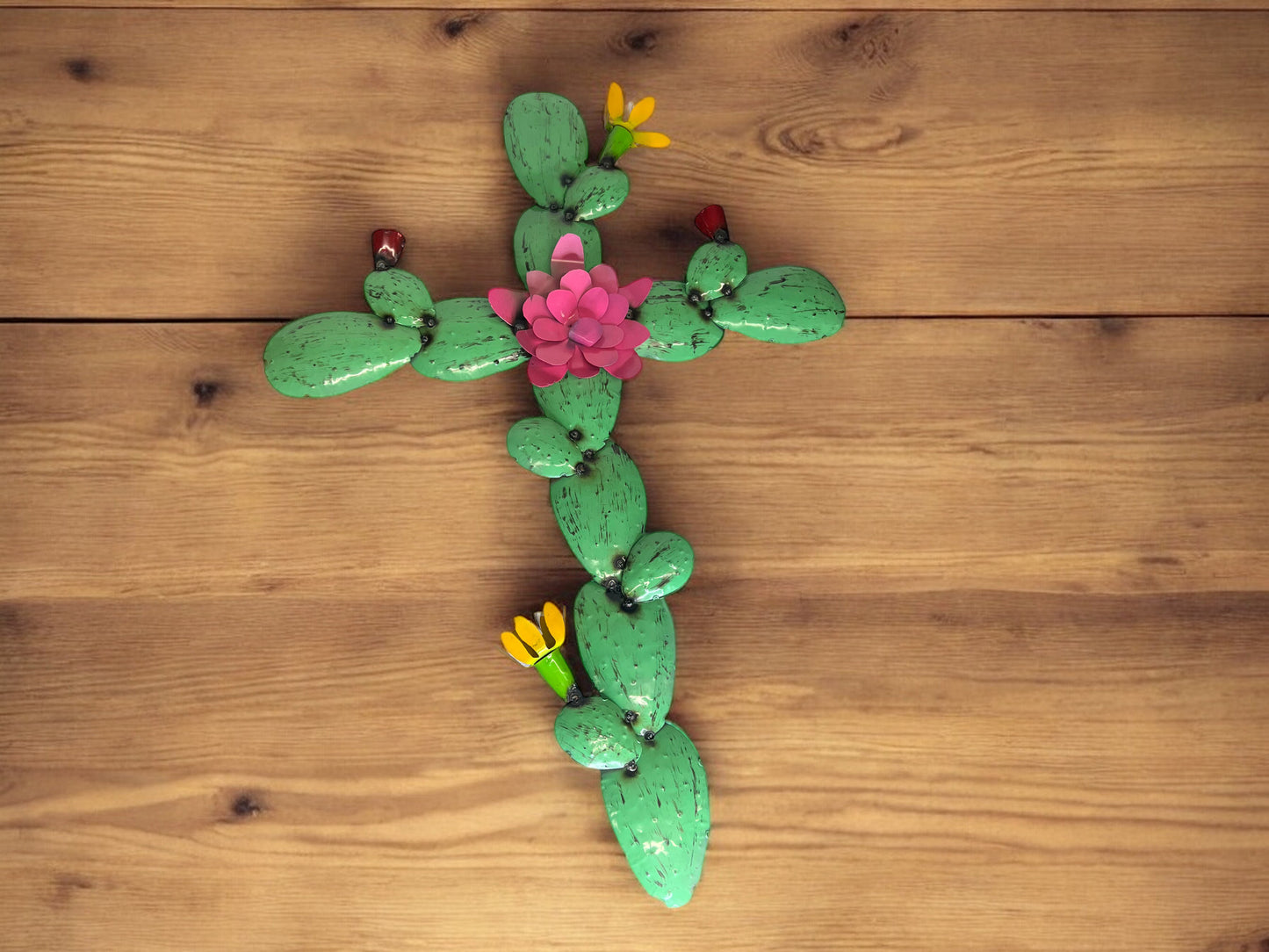 Prickly Pear Cactus Metal Cross with Pink and Yellow Flowers