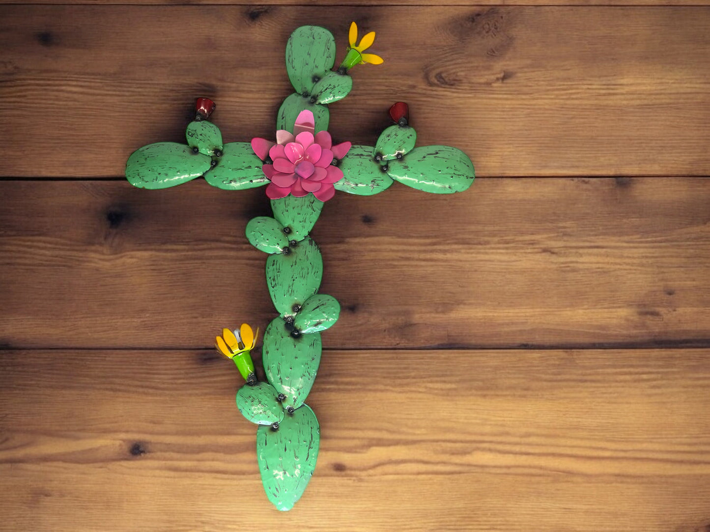 Prickly Pear Cactus Metal Cross with Pink and Yellow Flowers