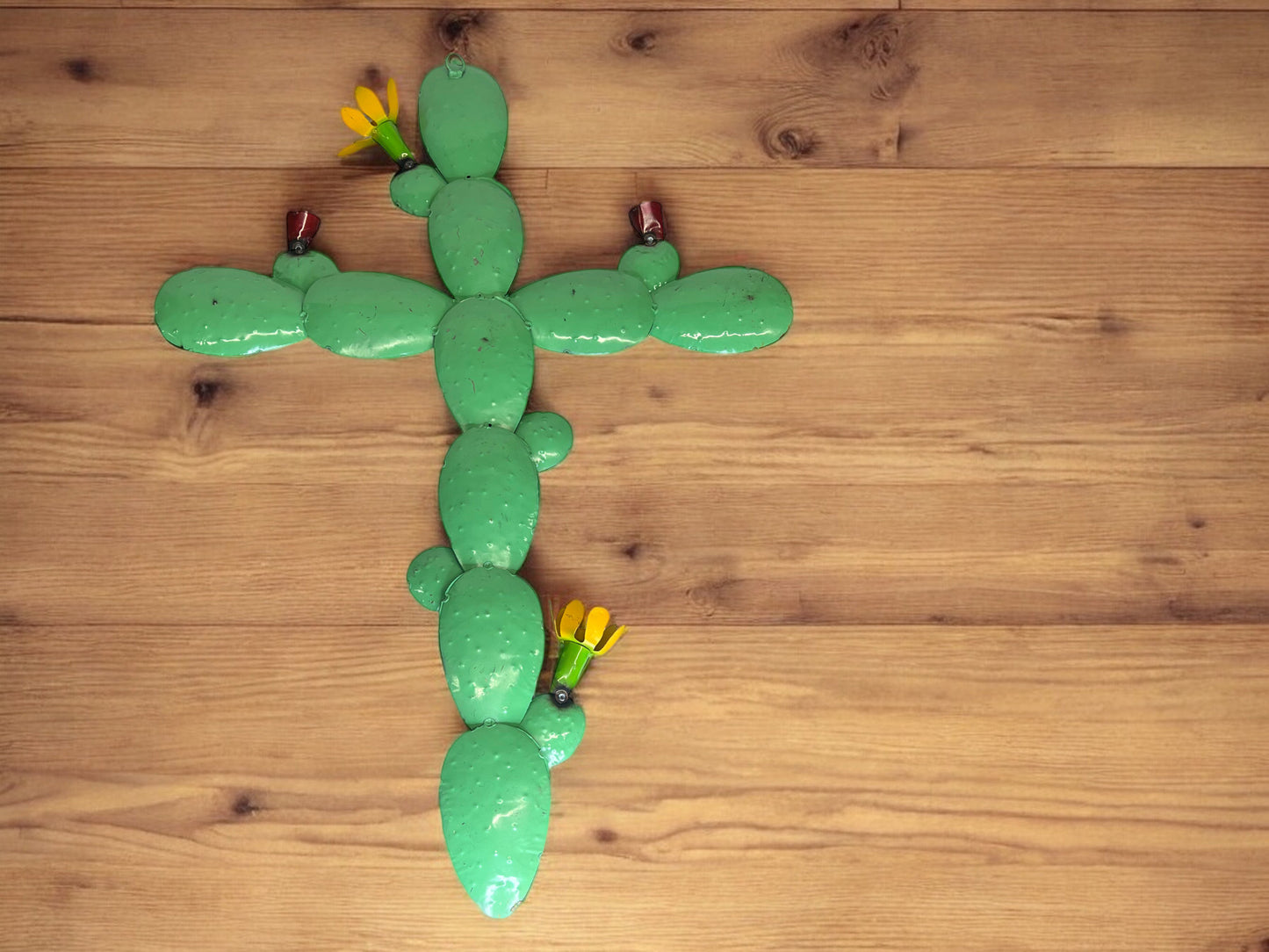 Prickly Pear Cactus Metal Cross with Pink and Yellow Flowers