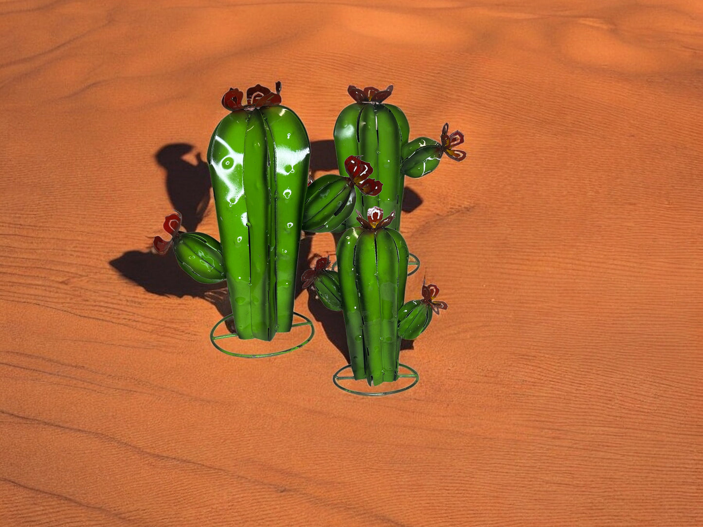 Set of 3 Cactus with Red Flowers Garden Sculpture