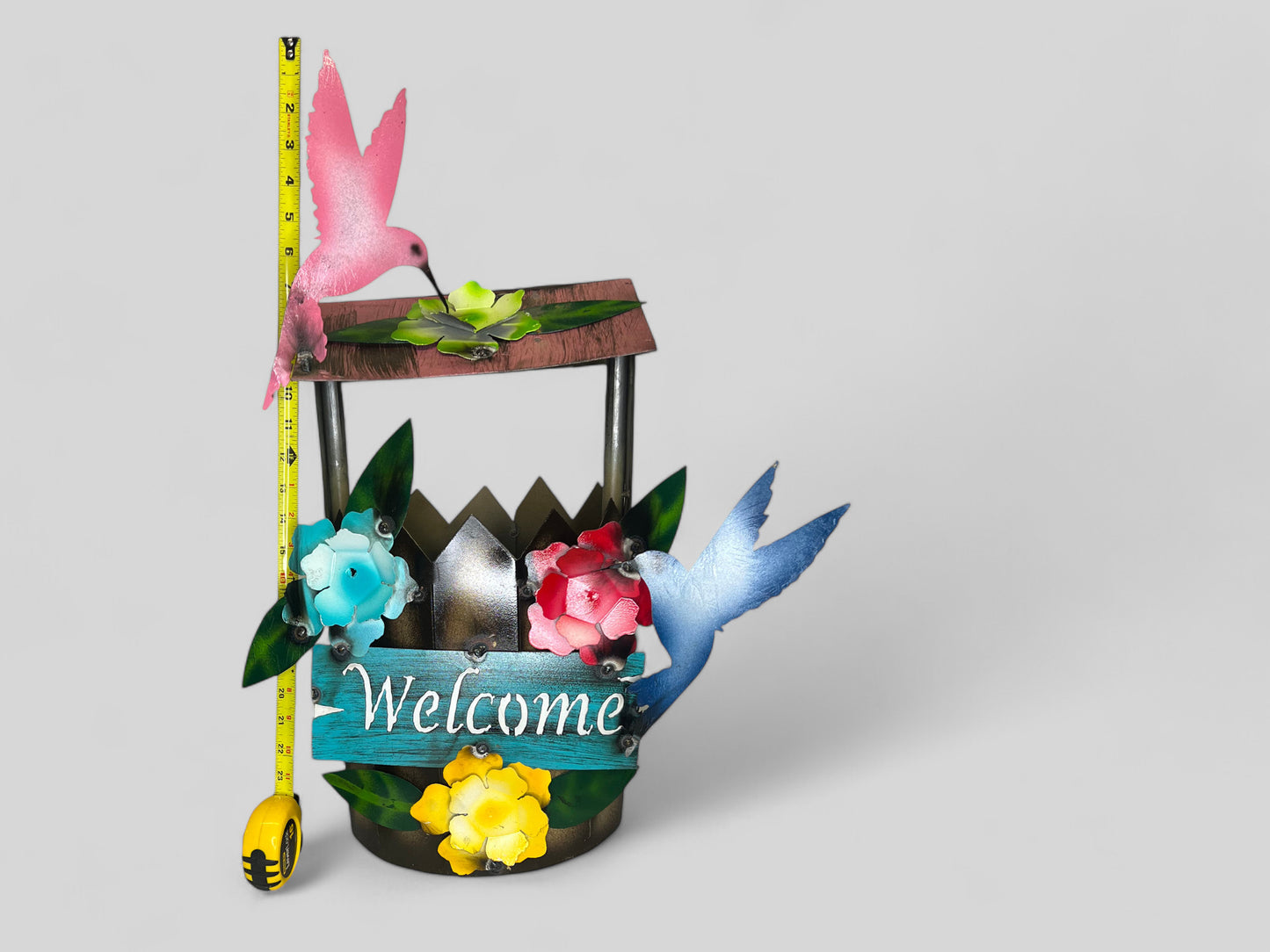 Metal Hummingbirds Plant Stand with Welcome Sign