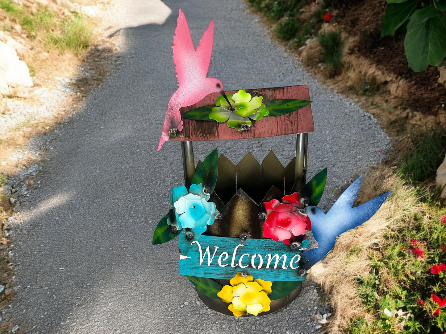 Metal Hummingbirds Plant Stand with Welcome Sign