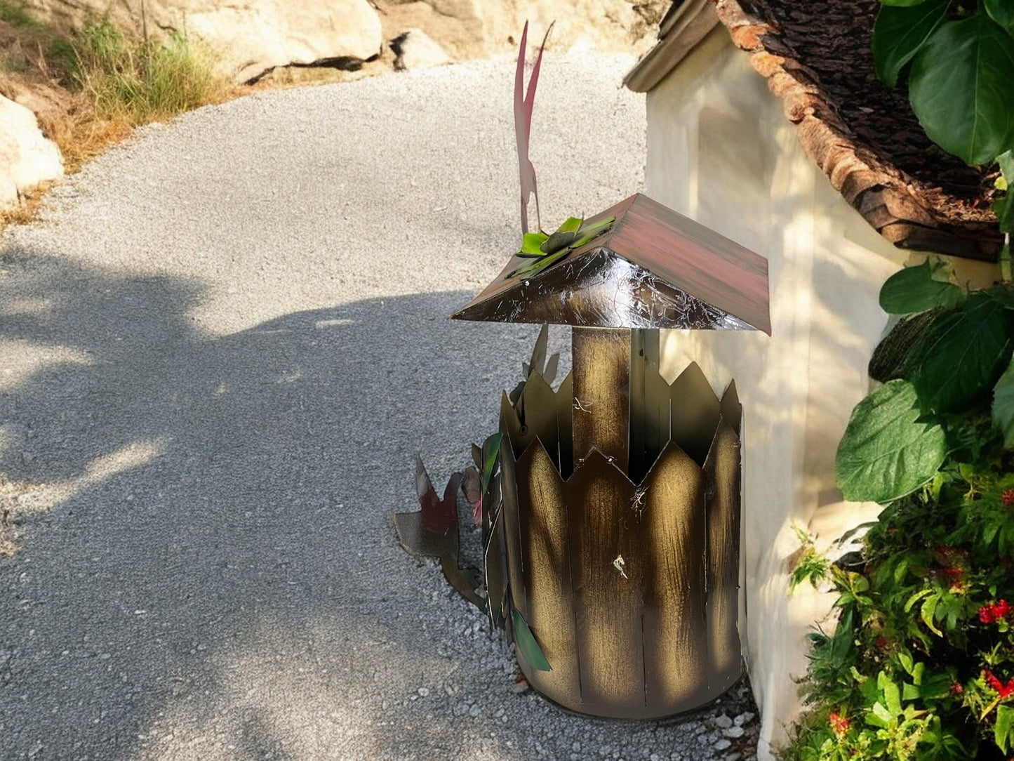 Metal Hummingbirds Plant Stand with Welcome Sign