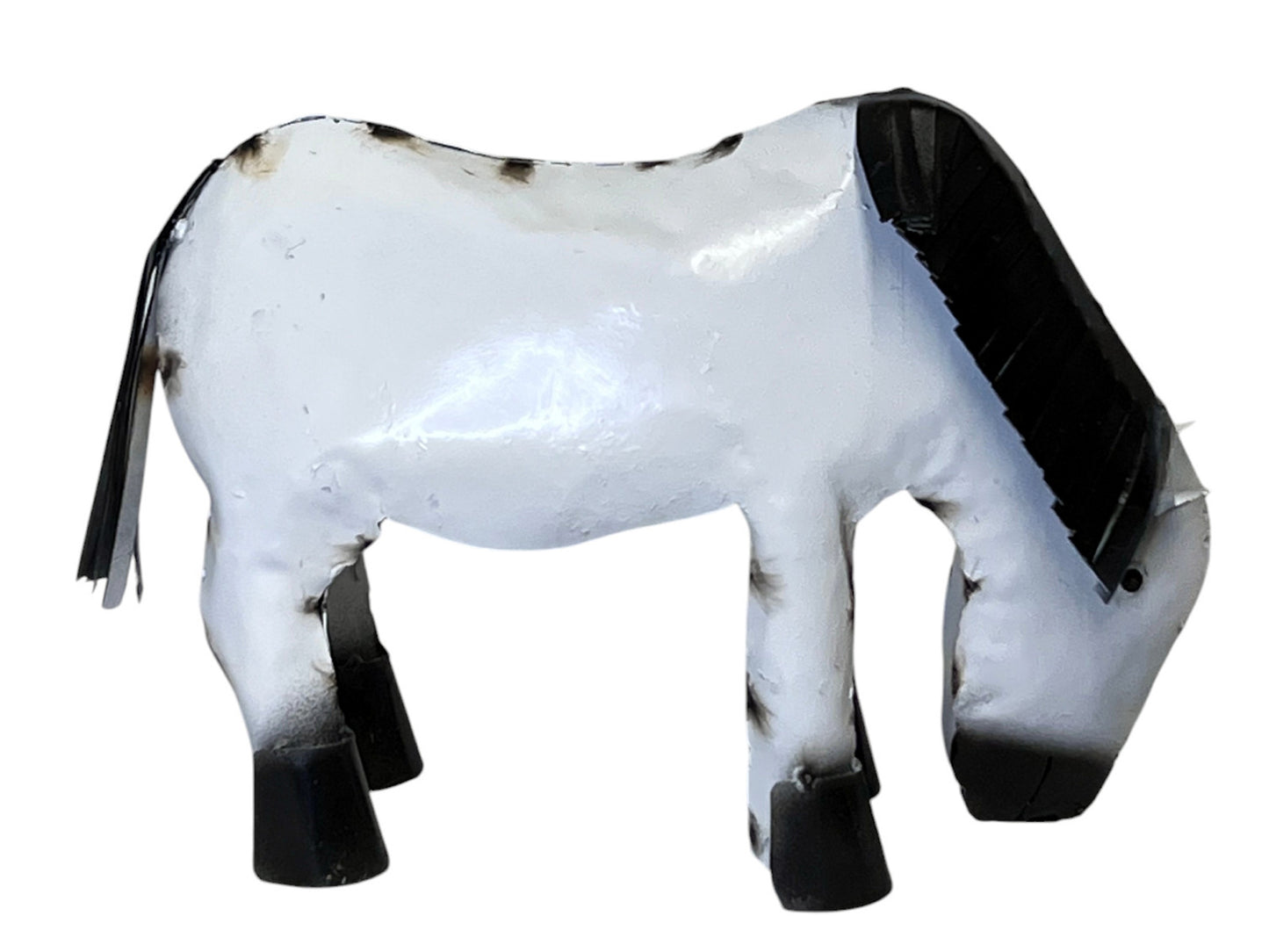 Handcrafted White Pony Horse Figurine with Black Hair - Grazing Farm Animal Miniature