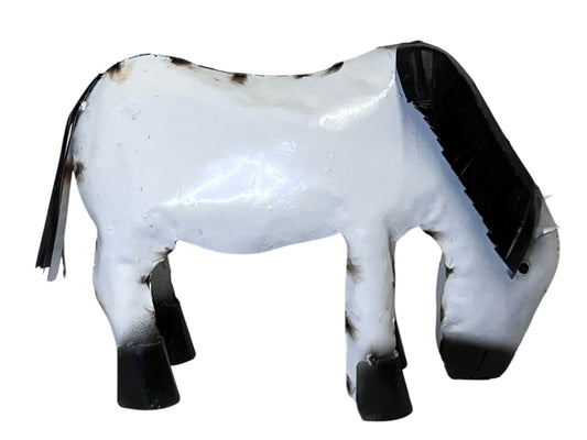 Handcrafted White Pony Horse Figurine with Black Hair - Grazing Farm Animal Miniature