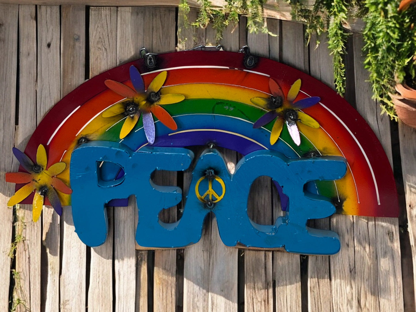 Rainbow Peace Hanging Sign with Floral Accents