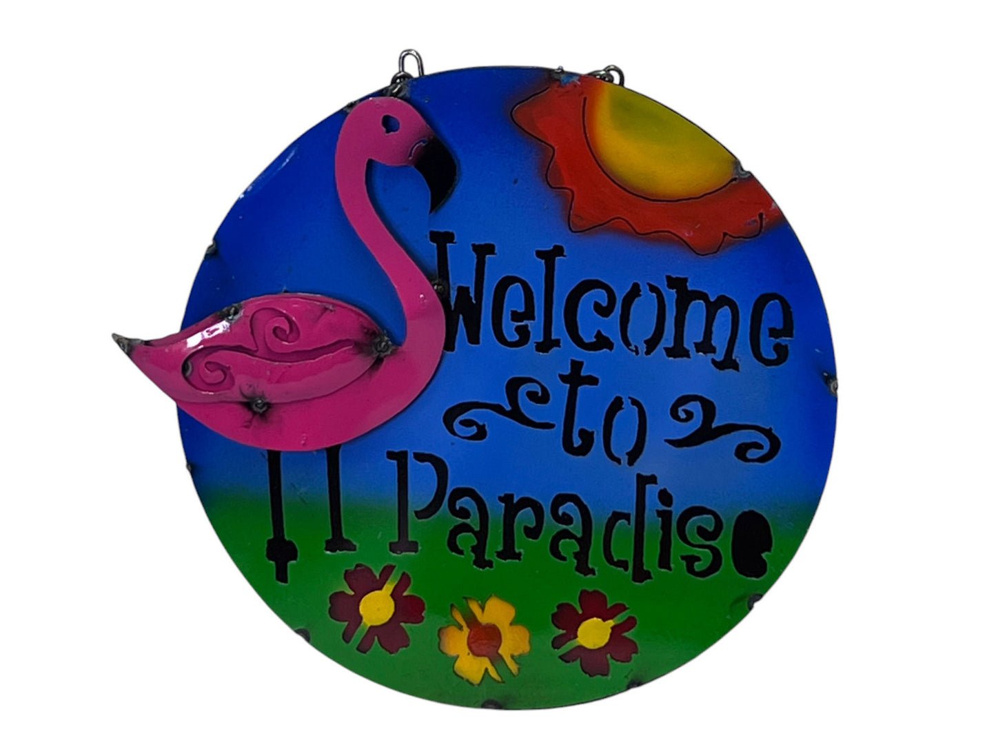 Tropical Paradise Round Welcome Sign with Flamingo and Sun