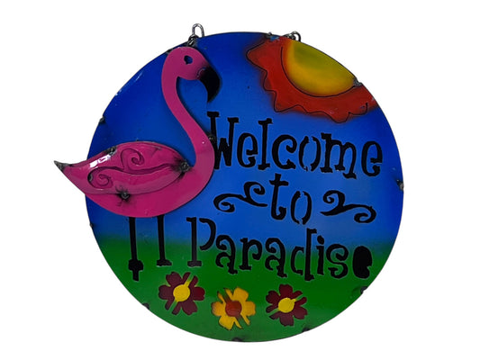 Tropical Paradise Round Welcome Sign with Flamingo and Sun
