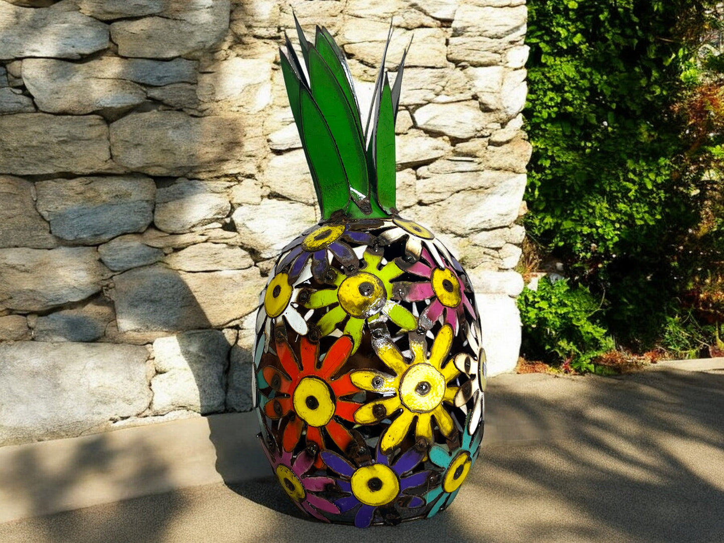 Metal Pineapple Sculpture Made of Colorful Flowers
