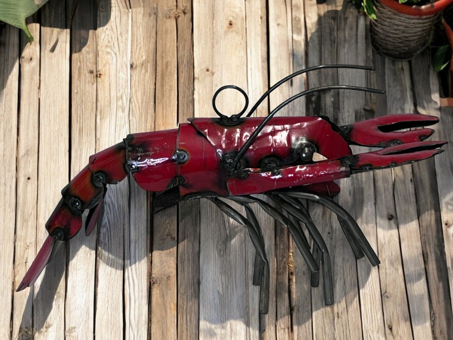 Metal Red Shrimp Sculpture
