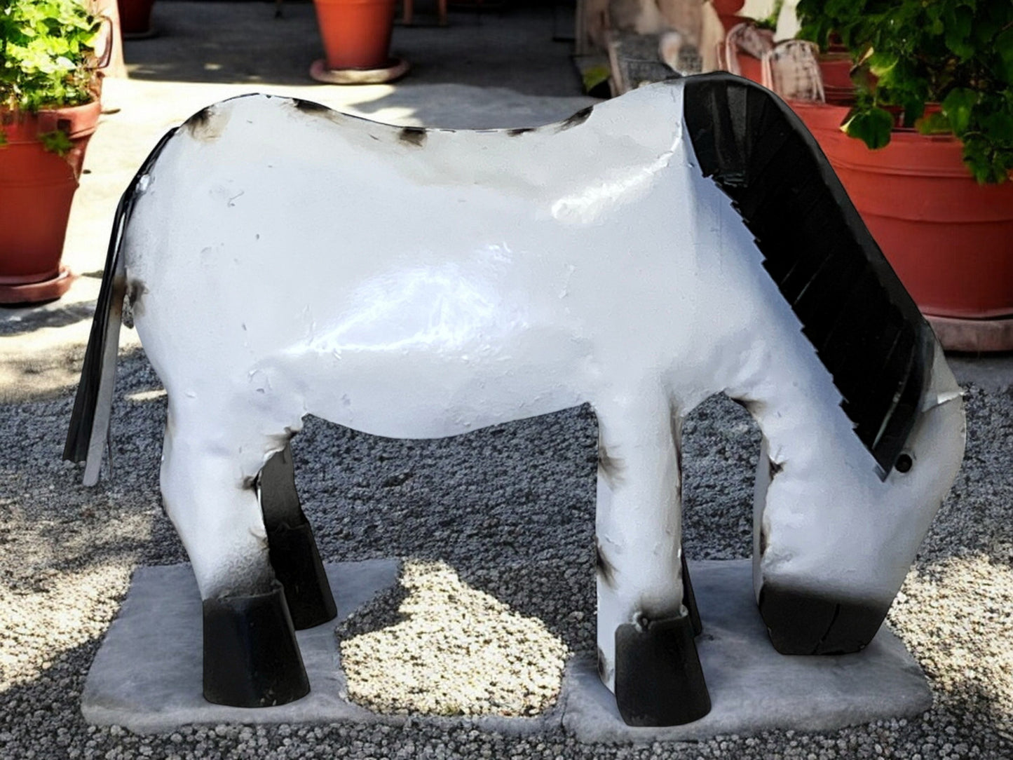 Handcrafted White Pony Horse Figurine with Black Hair - Grazing Farm Animal Miniature