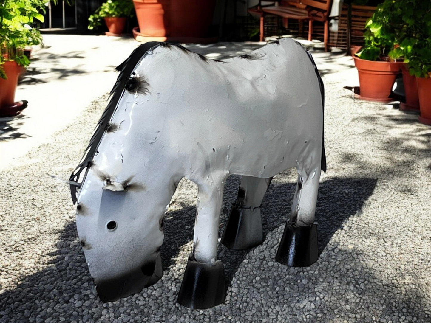 Handcrafted White Pony Horse Figurine with Black Hair - Grazing Farm Animal Miniature