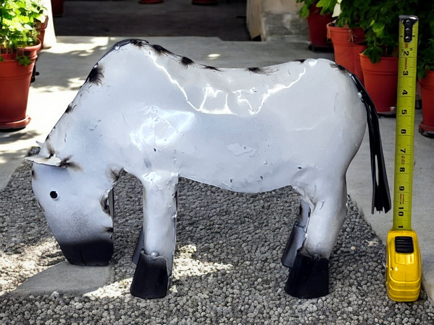 Handcrafted White Pony Horse Figurine with Black Hair - Grazing Farm Animal Miniature