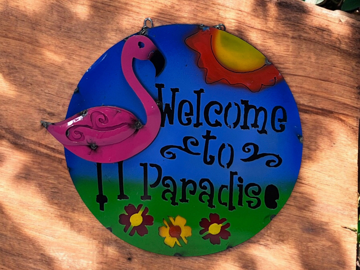 Tropical Paradise Round Welcome Sign with Flamingo and Sun