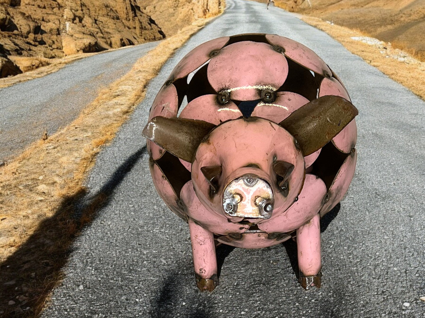 Pink Metal Pig Sculpture