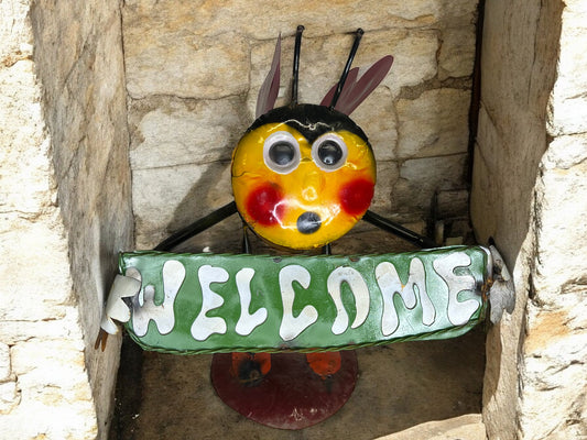 Metal Bee Sculpture with Welcome Sign