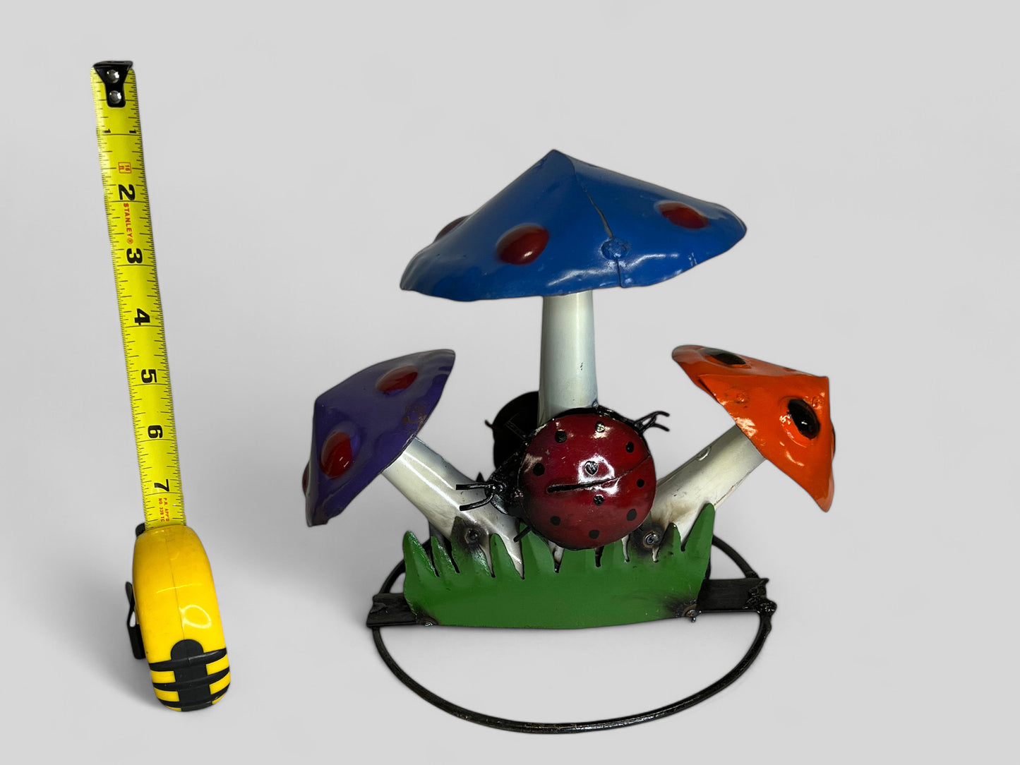 Colorful Metal Mushroom with Ladybug Garden Sculpture