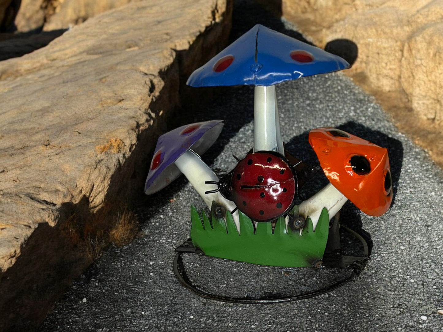 Colorful Metal Mushroom with Ladybug Garden Sculpture