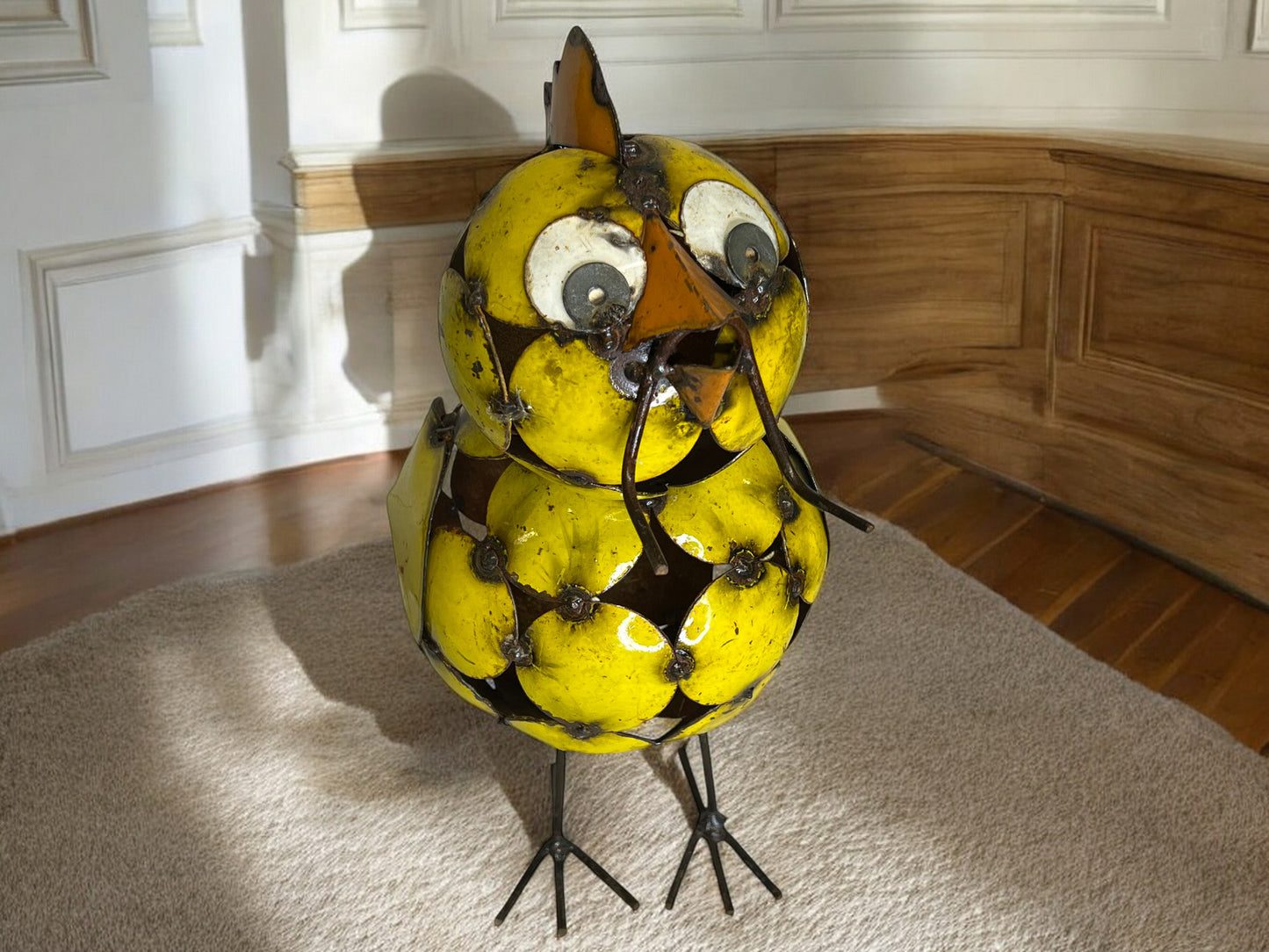 Metal Yellow Chicken with Worm Garden Sculpture