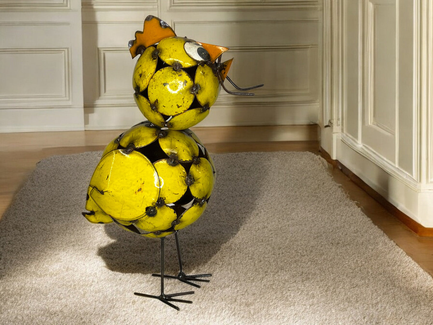 Metal Yellow Chicken with Worm Garden Sculpture