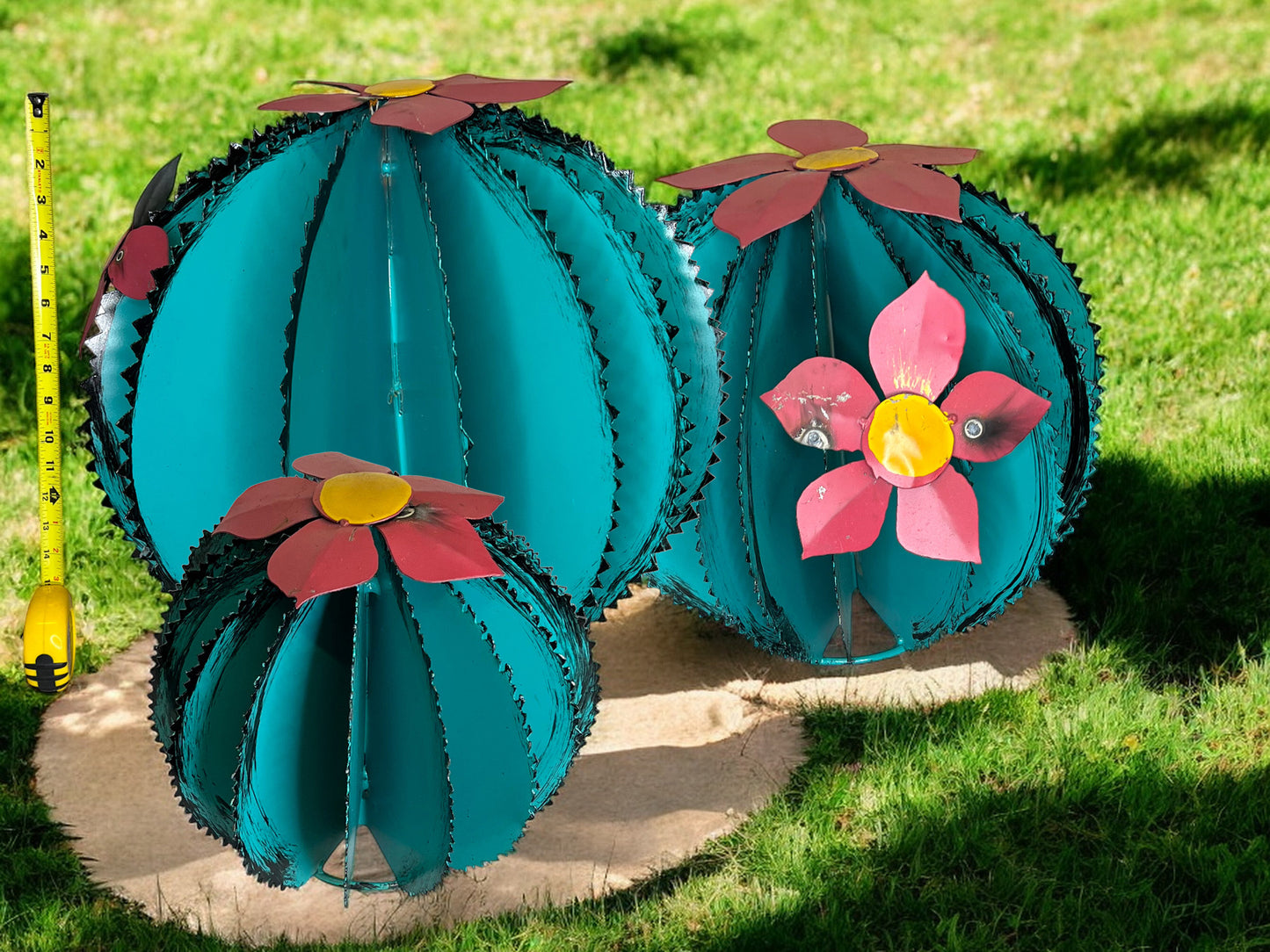 Set of 3 Turquoise Biznaga Cactus Sculptures with Pink Flowers