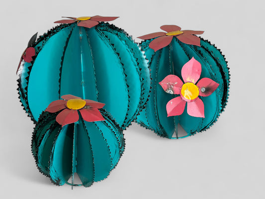 Set of 3 Turquoise Biznaga Cactus Sculptures with Pink Flowers