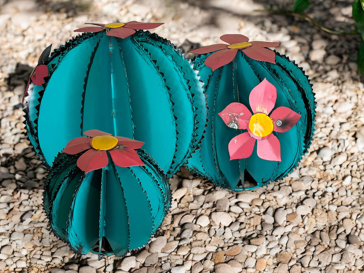 Set of 3 Turquoise Biznaga Cactus Sculptures with Pink Flowers