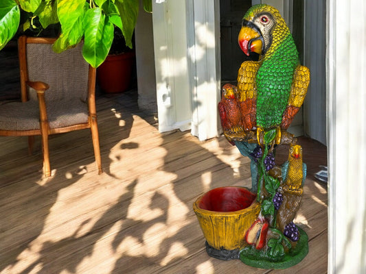 Colorful Resin Parrot Sculpture and Plant Stand