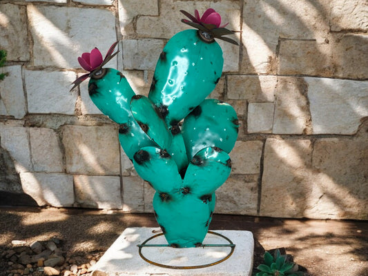 Turquoise Prickly Pear Cactus with Pink Flowers Garden Sculpture