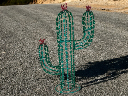 Twisted Metal Cactus with Pink Flowers Garden Sculpture