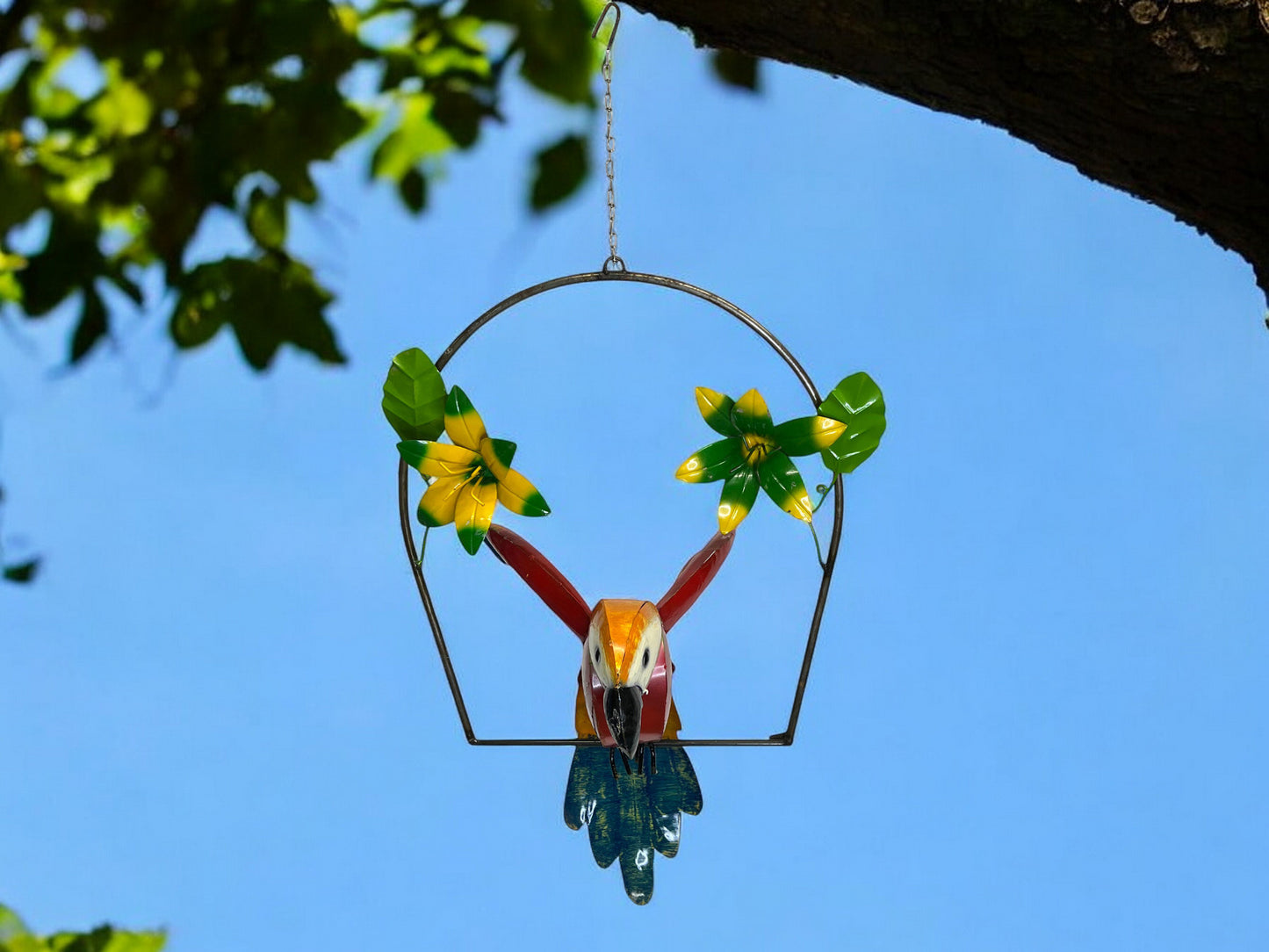 Colorful Hanging Parrot with Flowers Garden Sculpture