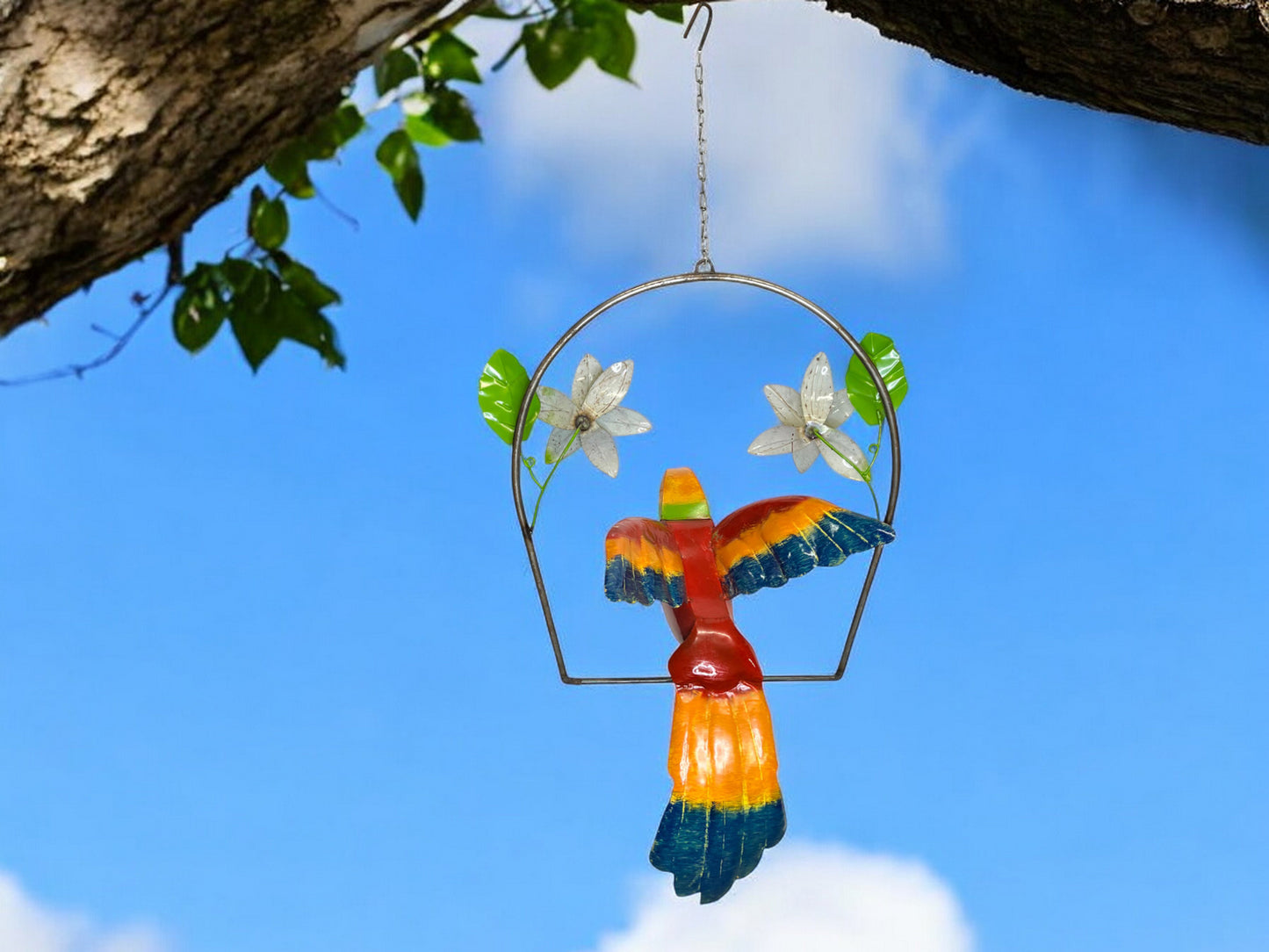 Colorful Hanging Parrot with Flowers Garden Sculpture