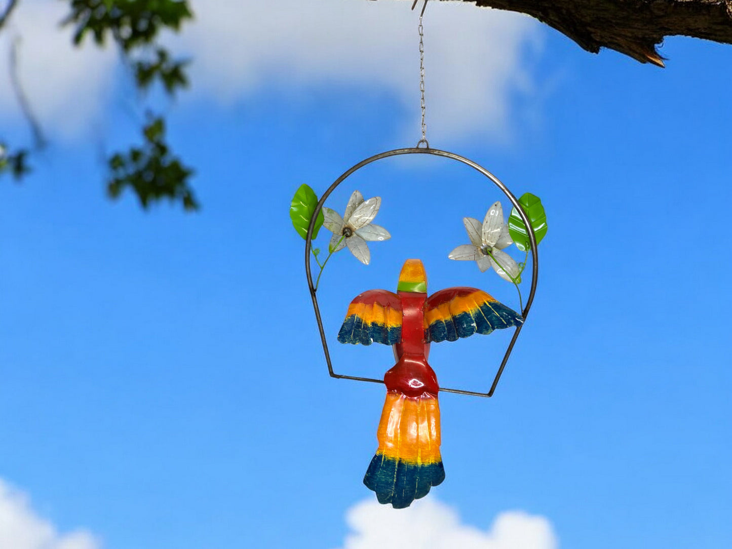 Colorful Hanging Parrot with Flowers Garden Sculpture