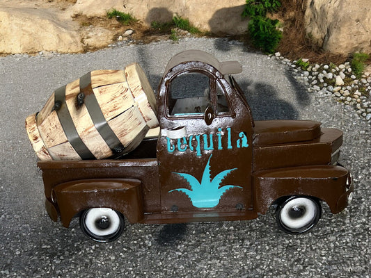 Metal Pickup Truck with Tequila Barrel Sculpture