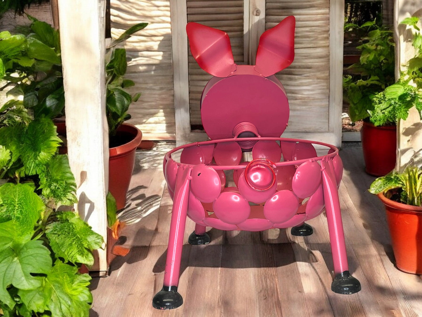 Metal Pink Pig Plant Stand